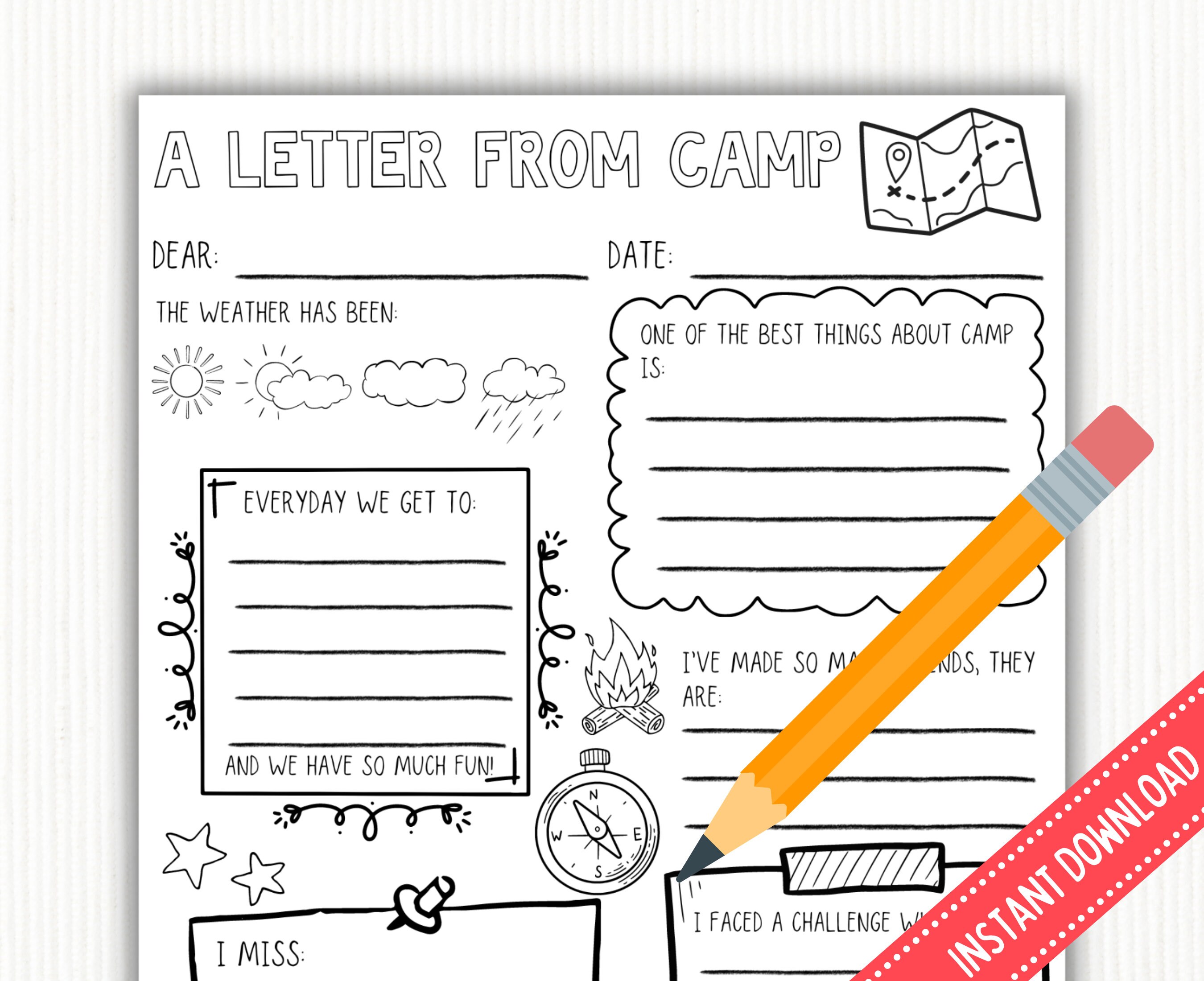 Letter From Camp, Summer Camp Stationery, Printable, Camp Postcard, Fill in the Blank Camp ...