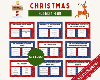 May include: A set of 50 Christmas-themed game cards with red and blue backgrounds. The cards feature questions about Christmas traditions, songs, and trivia. The cards are perfect for a fun and festive game night.