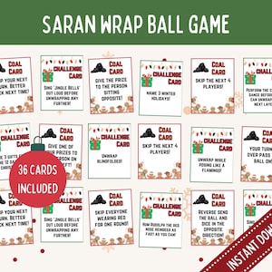 Jogo de bola de Saran de Natal, jogo divertido de embrulho de plástico para festa de Natal, jogo de embrulho de Saran de Natal, cartas de desafio de embrulho de Saran, jogo de grupo engraçado