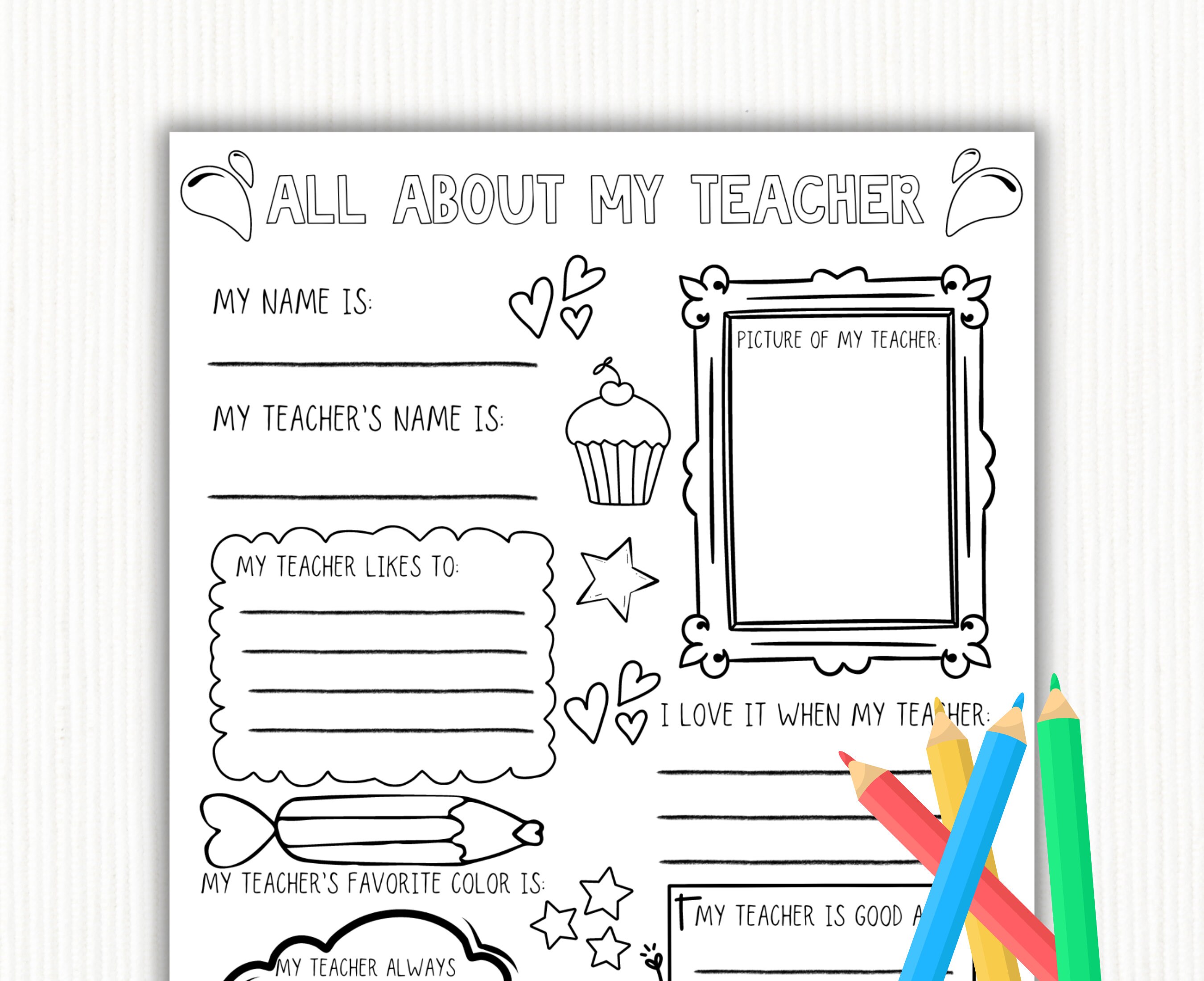 Teacher Thank You, All About My Teacher, Teacher Appreciation Week Gift, Fill in the Blank Printable