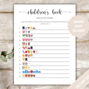 Children&#39;s Book Emoji Pictionary Game, Minimalist Baby Shower Game, Baby Shower Emoji Picture Game, Modern Baby Shower Game, Instant