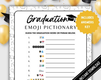 May include: A printable graduation emoji game with a black and white background. The game includes 10 questions with emojis and blank lines for players to write their answers. The text "Graduation Emoji Pictionary" is at the top of the page. The text "Includes Answers Key" is in a yellow circle at the top right corner of the page.