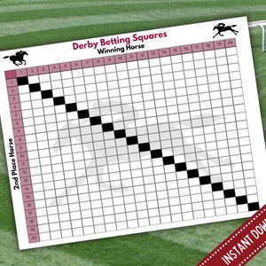 May include: A printable black and white derby betting squares game with a diagonal line of black squares. The game is for two players to guess which horse will come in first and second place. The game is titled "Derby Betting Squares" and "Winning Horse".