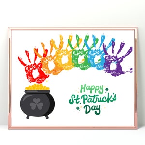 PRINTABLE St. Patrick&#39;s Day Handprint Art Craft for Kids, Keepsake Art, Toddler Preschool Kindergarten Homeschool Activity, Rainbow Pot Gold