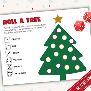 Può includere: Un gioco di Natale stampabile chiamato "Roll a Tree" con istruzioni per tirare i dadi e posizionare le caramelle sull'ornamento del colore corrispondente sull'albero. Il primo giocatore a riempire l'albero vince! Il gioco include un albero verde con una stella dorata in cima e una varietà di ornamenti colorati. Il gioco include anche un elenco di colori con immagini di dadi corrispondenti.