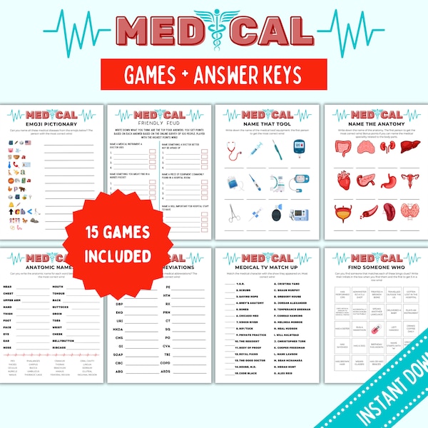 Medical Game Bundle, Printable nursing Games, Doctor games, Radiology games, Hospital party activities, Nursing graduation Games, Nurse Week