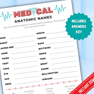 Medical What is the Anatomical Name? | PRINTABLE Medical Doctor Nurse Fun Game | Medical Nursing School Icebreaker, Retirement, Graduation