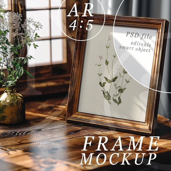 8x10 Frame Mockup, PSD-sjabloon, kleine fotolijst zittend op een bureau met natuurlijk licht en schaduwen