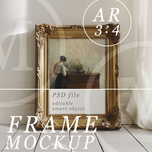 3x4 Frame Mockup, PSD Template, Gold Antique Frame Mockup in a Simple Modern Bright Interior