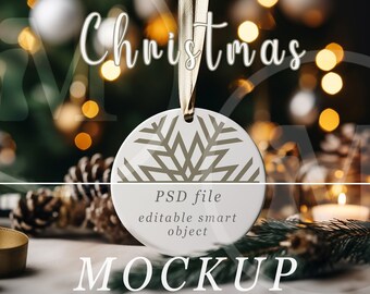 Christmas Ornament Mockup: Round Ceramic, Festive Scene (PSD Template)
