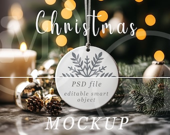 Christmas Ornament Mockup: Ceramic Circle, PSD Smart Object (Digital Download)