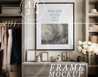 3x4 Frame Mockup, Modern Dressing Room and Simple Vertical Black Frame with Neutral Colours