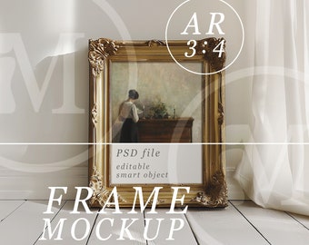 Mockup di cornice antica dorata 3x4: modello PSD per interni moderni (download digitale)