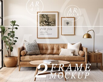2 Frames Mockup - aspect ratios 4x3 | ISO:A - Modern Living Room Interior Mockup with Light Neutral Colours