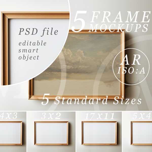 Horizontal Frame Mockup Bundle, Set of 5 Simple Mid-Tone Oak Wooden Picture Frames with soft lighting