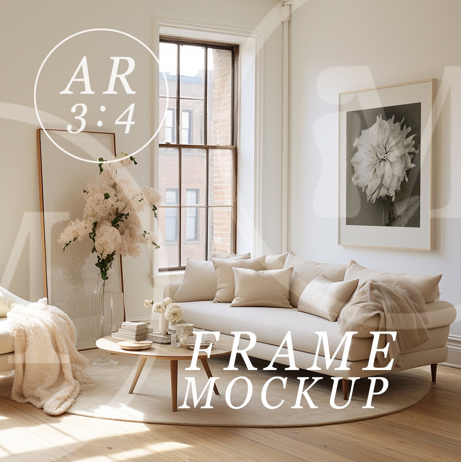 Vertical PSD Frame Mockup - aspect ratio 3:4 - Modern and Bright New York Loft Apartment Interior Mockup