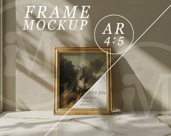 Gold Frame Mockup: 4x5 PSD Template with Sunlight (Digital Download)