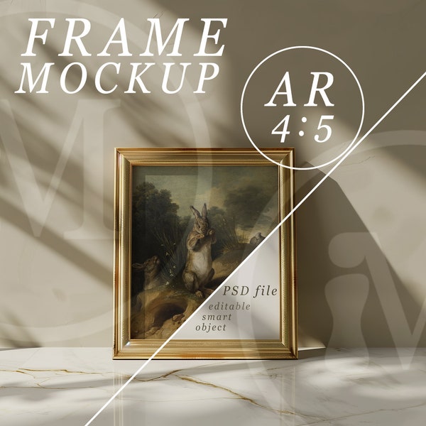 4x5 Frame Mockup, PSD Template, Modern Gold Frame Mockup with Natural Sunlight and Shadows