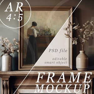 Traditional English Fireplace PSD Frame Mockup, 4x5 Mockup, Vintage Wooden Frame with soft Moody Lighting