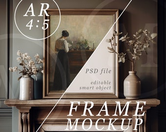 Traditional English Fireplace PSD Frame Mockup, 4x5 Mockup, Vintage Wooden Frame with soft Moody Lighting