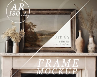 A0 Frame Mockup, Traditional Fireplace with Vintage Wooden Frame and soft Moody Lighting