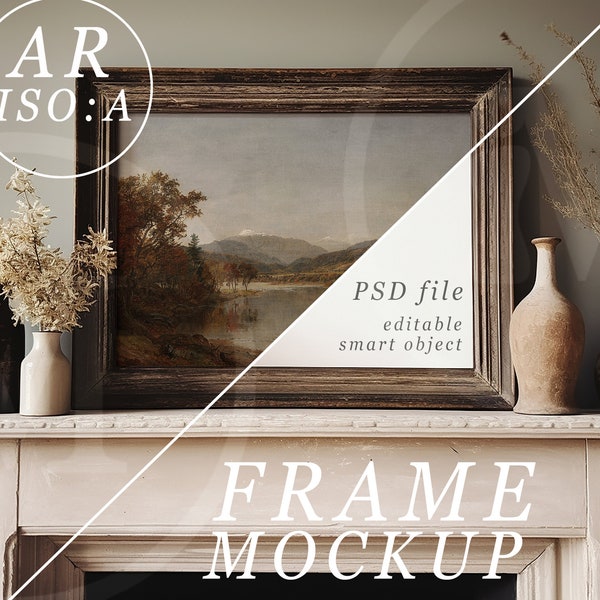 A0 Frame Mockup, Traditional Fireplace with Vintage Wooden Frame and soft Moody Lighting