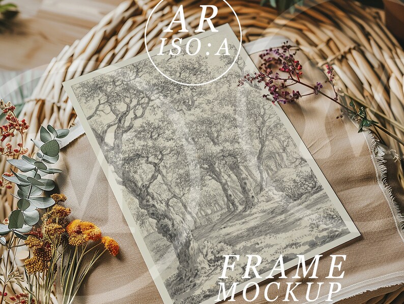 Op de afbeelding: Een ingelijste kunstdruk met een zwart-wit bossc&egrave;ne. Het kunstwerk wordt gepresenteerd op een beige stof, met gedroogde bloemen en een rieten mand op de achtergrond. De tekst "AR ISO:A" en "FRAME MOCKUP" zijn zichtbaar.