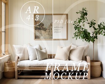4x3 Frame Mockup, PSD Template, Oak Wood Frame Mockup in a Modern Entrance Hall Nook with Light Neutral Colours
