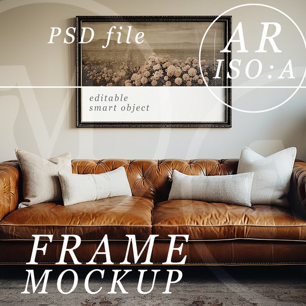 Horizontal PSD Frame Mockup - aspect ratio ISO :A - Modern Living Room Interior Mock Up with Vintage Antique Frame
