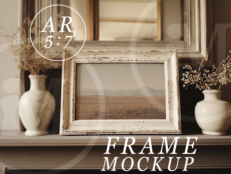 May include: White distressed wood picture frame with a landscape photo inside. The frame is sitting on a brown shelf with two white vases and dried flowers on either side. The text "FRAME MOCKUP" is below the frame.