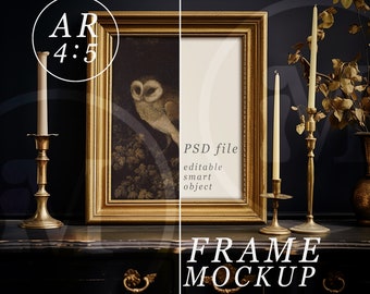 Vintage Gold 4x5 Frame Mockup: Antique Desk, Moody Lighting (PSD & JPEG)