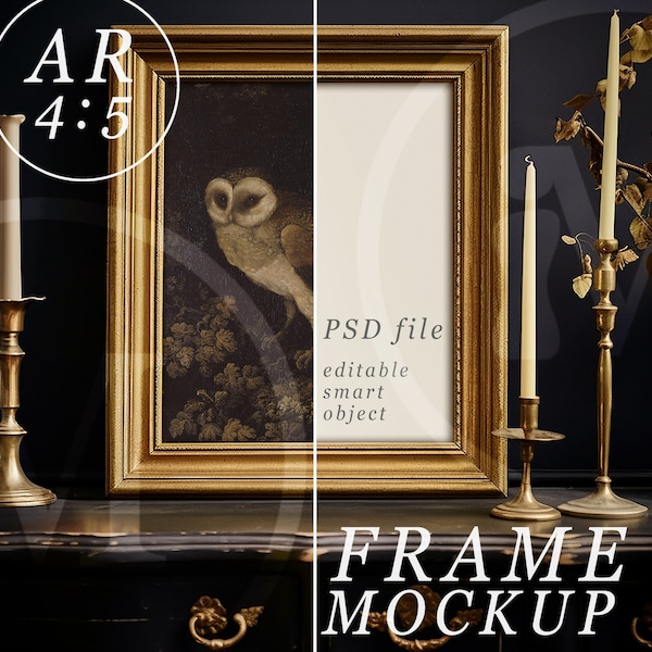 Gold Frame Mockup, 4x5 Mockup, Vintage Gold Frame sitting on an Antique Desk in Moody Lighting