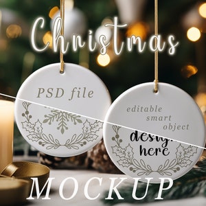 Double Christmas PSD Ornament Mockup, 2 X Round White Hanging Ceramic Ornaments with Gold String