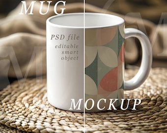 White Mug Mockup: PSD Template, Jute Mat (Digital Download)