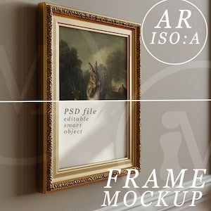 May include: A gold-framed picture mockup with a painting of a rabbit in a forest setting. The text "PSD file editable smart object" is visible below the painting. The text "FRAME MOCKUP" is visible below the frame.