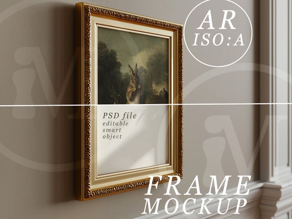 A1 Frame Mockup, PSD Template, Vintage Gold Frame with Moody Lighting and Neutral Colours