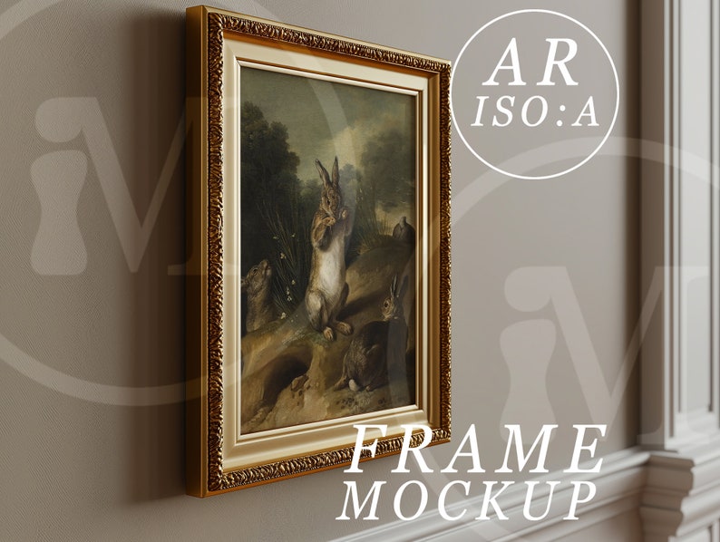 May include: A framed painting of a group of rabbits in a forest setting. The frame is gold with ornate detailing. The painting is in a traditional style and features a light brown rabbit in the center of the image.