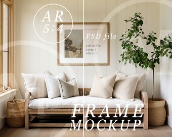4x5 Mockup, Horizontal Frame, PSD Template, Oak Wood Frame Mockup in a Modern Entrance Hall Nook with Light Neutral Colours