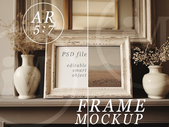 5x7 Frame Mockup: Vintage Wooden Frame, English Fireplace (PSD & JPEG)