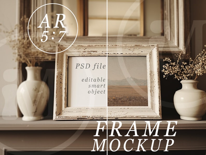 May include: White frame mockup with a landscape painting inside. The frame is on a brown surface with two white vases with dried flowers on either side. The text "PSD file, editable smart object" is visible inside the frame.