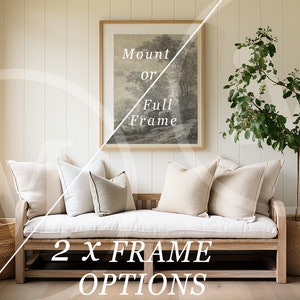 May include: A white linen bench with two beige pillows and a black and white striped pillow. The bench is in front of a white wall with a framed black and white print that says "Mount or Full Frame". A green plant in a woven basket is to the right of the bench. The text "2 x FRAME OPTIONS" is in white letters on the floor in front of the bench.