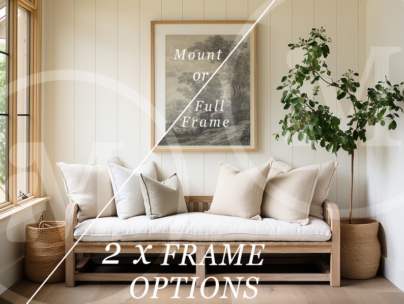 May include: A white linen bench with two beige pillows and a black and white striped pillow. The bench is in front of a white wall with a framed black and white print that says "Mount or Full Frame". A green plant in a woven basket is to the right of the bench. The text "2 x FRAME OPTIONS" is in white letters on the floor in front of the bench.