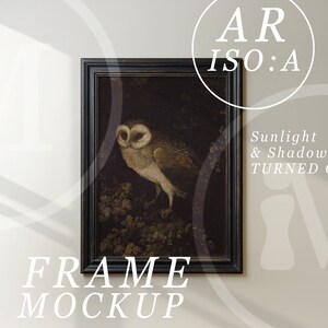 May include: A black framed picture of an owl with a brown and white patterned design. The picture is hanging on a white wall with the text "FRAME MOCKUP" below it.