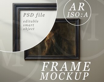 May include: A black wood picture frame mockup with a white background and the text "PSD file, editable smart object".