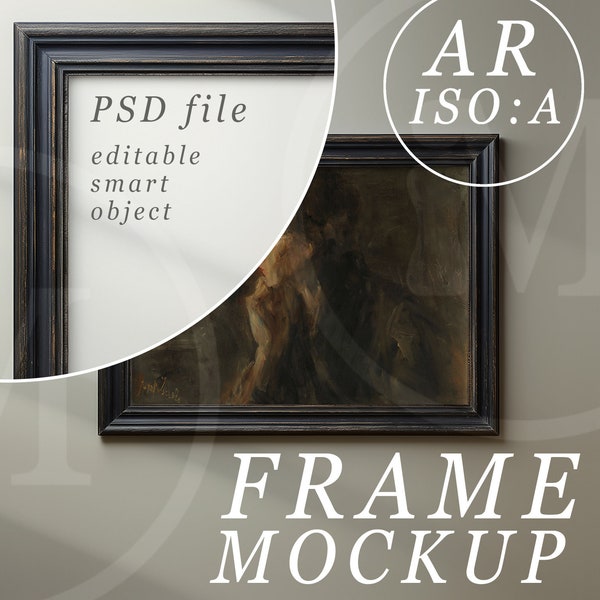 A4 | A3 Mockup PSD Template, Horizontal Black Distressed Wooden Picture Frame with Optional Natural Sunlight and Shadows