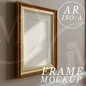 May include: A gold ornate picture frame mockup hanging on a wall with white trim. The frame is empty and ready for your artwork or photo.