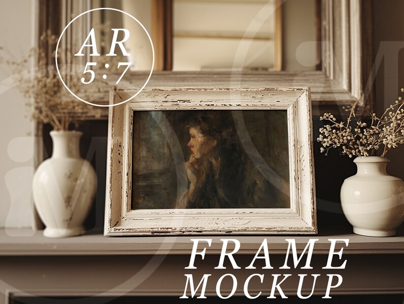 May include: White wooden frame with a distressed finish, displaying a vintage painting of a woman in a dark dress. The frame is sitting on a brown shelf with two white vases and dried flowers.