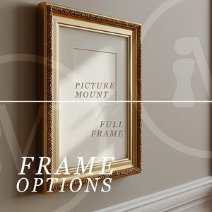 May include: A gold picture frame with ornate detailing. The frame is hanging on a wall and has the text "Picture Mount" and "Full Frame" printed on the inside.