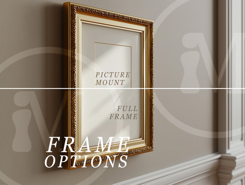 May include: A gold picture frame with ornate detailing. The frame is hanging on a wall and has the text "Picture Mount" and "Full Frame" printed on the inside.