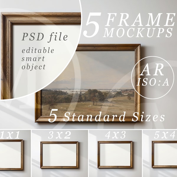 Horizontal Frame Mockup Bundle - Set of 5 PSD Templates - Rustic Wooden Picture Frame with Optional Natural Sunlight and Shadows
